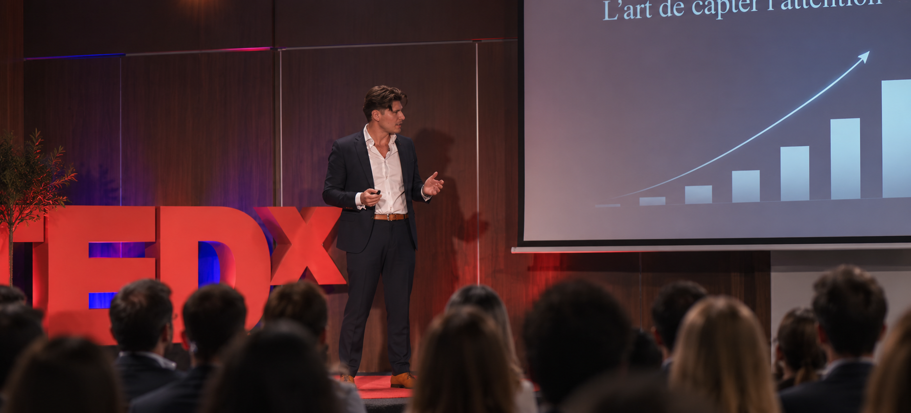 Dino sur la scène TEDx, devant un public attentif